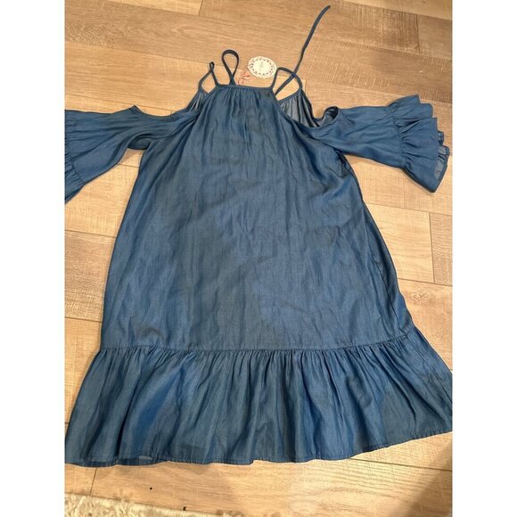 Umgee Blue Tencel Cold Shoulder Ruffle Hem Tunic Top Small new - Picture 7 of 7